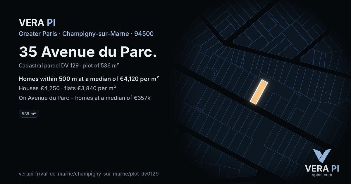 35 Avenue du Parc, Champigny-sur-Marne at night – the plot lit, the parcels around coloured by the prices near them