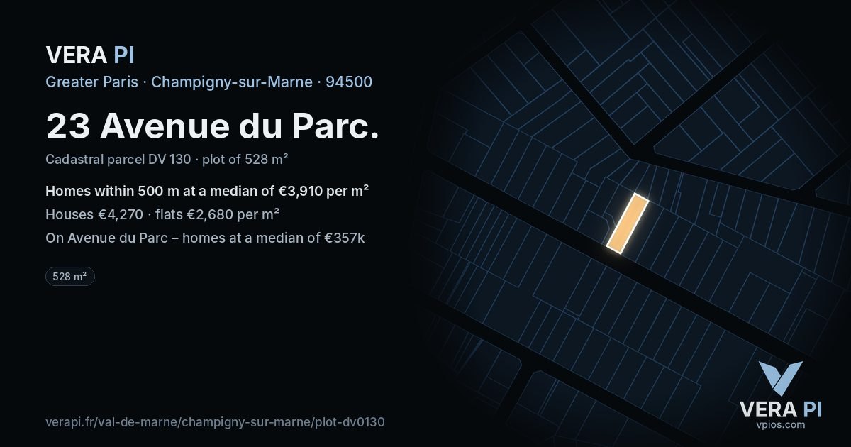 23 Avenue du Parc, Champigny-sur-Marne at night – the plot lit, the parcels around coloured by the prices near them