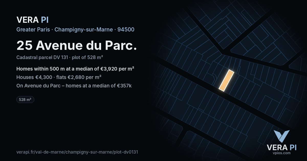 25 Avenue du Parc, Champigny-sur-Marne at night – the plot lit, the parcels around coloured by the prices near them