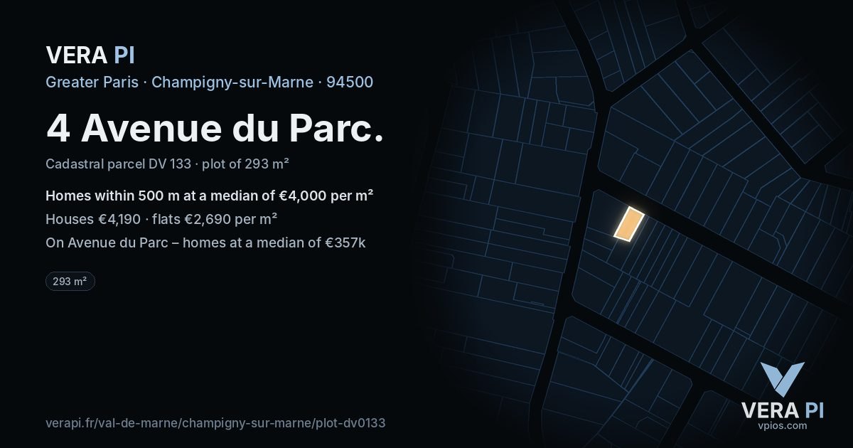 4 Avenue du Parc, Champigny-sur-Marne at night – the plot lit, the parcels around coloured by the prices near them