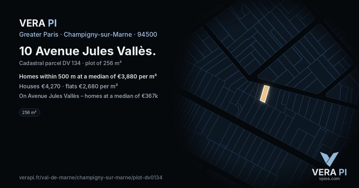 10 Avenue Jules Vallès, Champigny-sur-Marne at night – the plot lit, the parcels around coloured by the prices near them