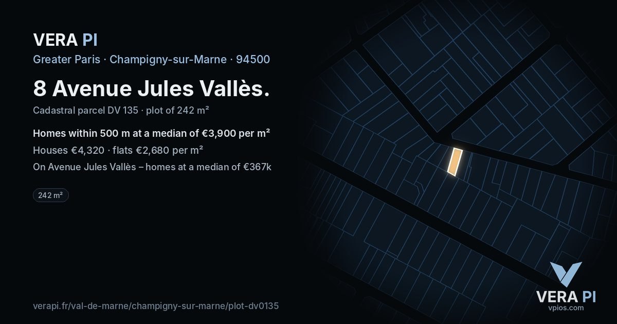 8 Avenue Jules Vallès, Champigny-sur-Marne at night – the plot lit, the parcels around coloured by the prices near them