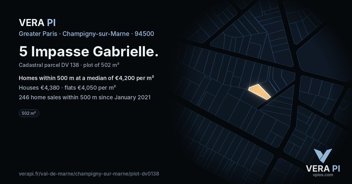 5 Impasse Gabrielle, Champigny-sur-Marne at night – the plot lit, the parcels around coloured by the prices near them