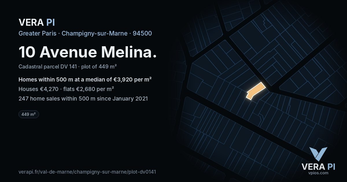 10 Avenue Melina, Champigny-sur-Marne at night – the plot lit, the parcels around coloured by the prices near them