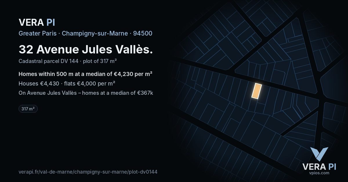 32 Avenue Jules Vallès, Champigny-sur-Marne at night – the plot lit, the parcels around coloured by the prices near them
