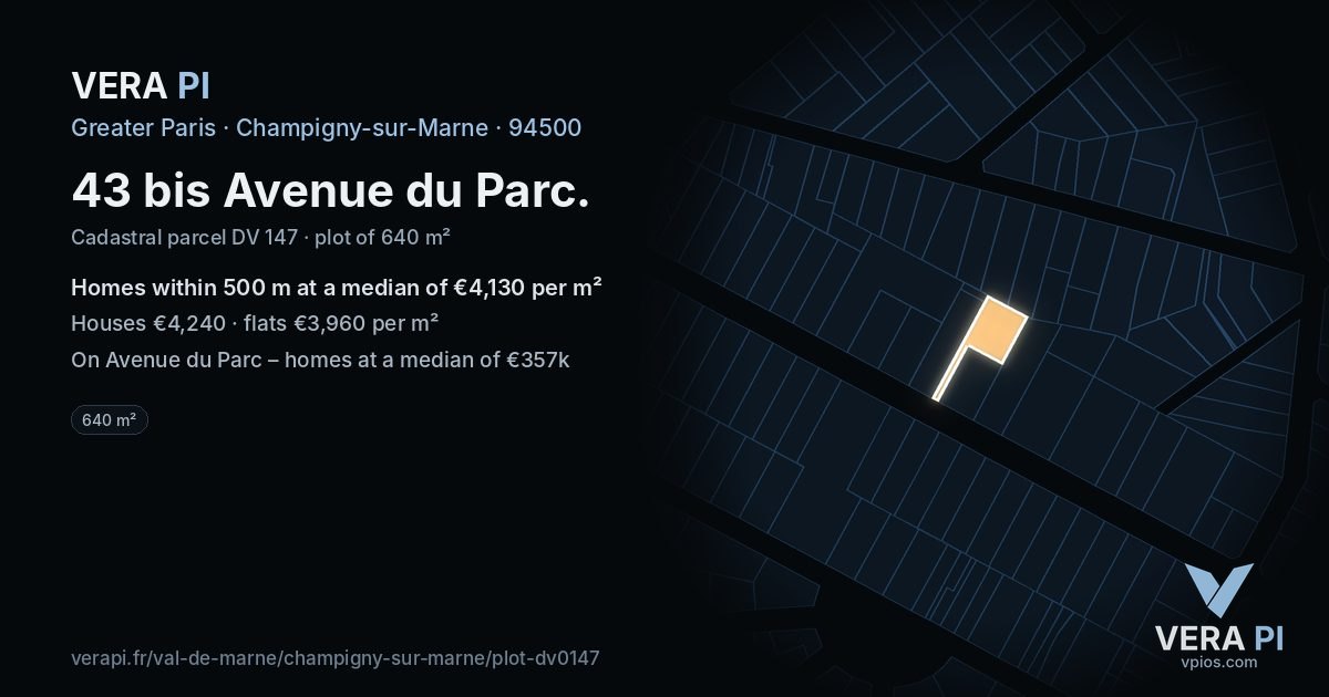43 bis Avenue du Parc, Champigny-sur-Marne at night – the plot lit, the parcels around coloured by the prices near them