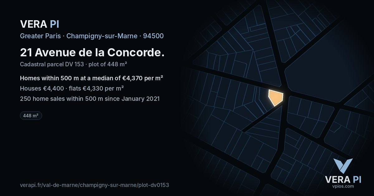 21 Avenue de la Concorde, Champigny-sur-Marne at night – the plot lit, the parcels around coloured by the prices near them