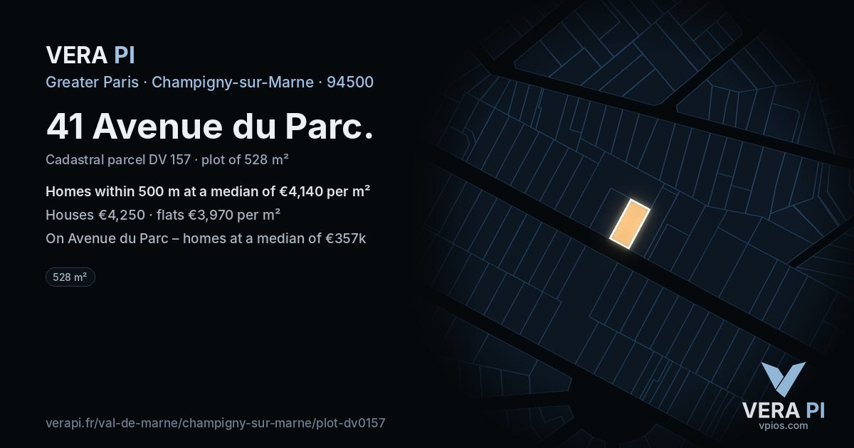 41 Avenue du Parc, Champigny-sur-Marne at night – the plot lit, the parcels around coloured by the prices near them
