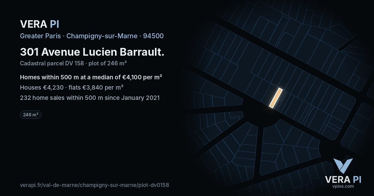 301 Avenue Lucien Barrault, Champigny-sur-Marne at night – the plot lit, the parcels around coloured by the prices near them