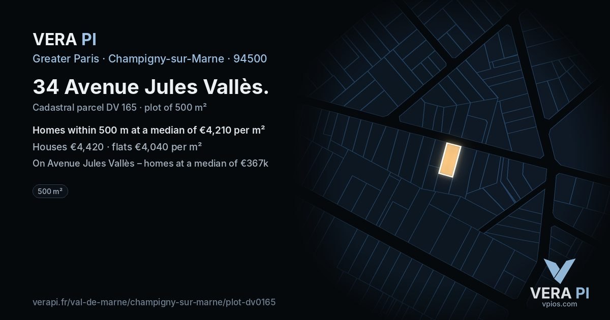 34 Avenue Jules Vallès, Champigny-sur-Marne at night – the plot lit, the parcels around coloured by the prices near them