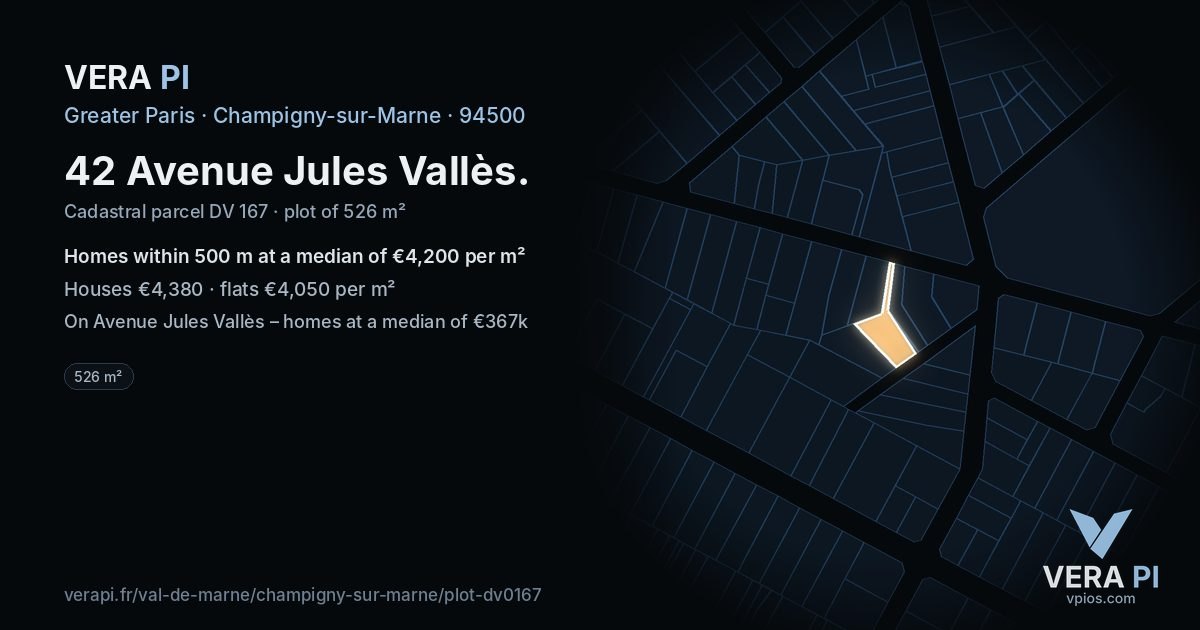 42 Avenue Jules Vallès, Champigny-sur-Marne at night – the plot lit, the parcels around coloured by the prices near them