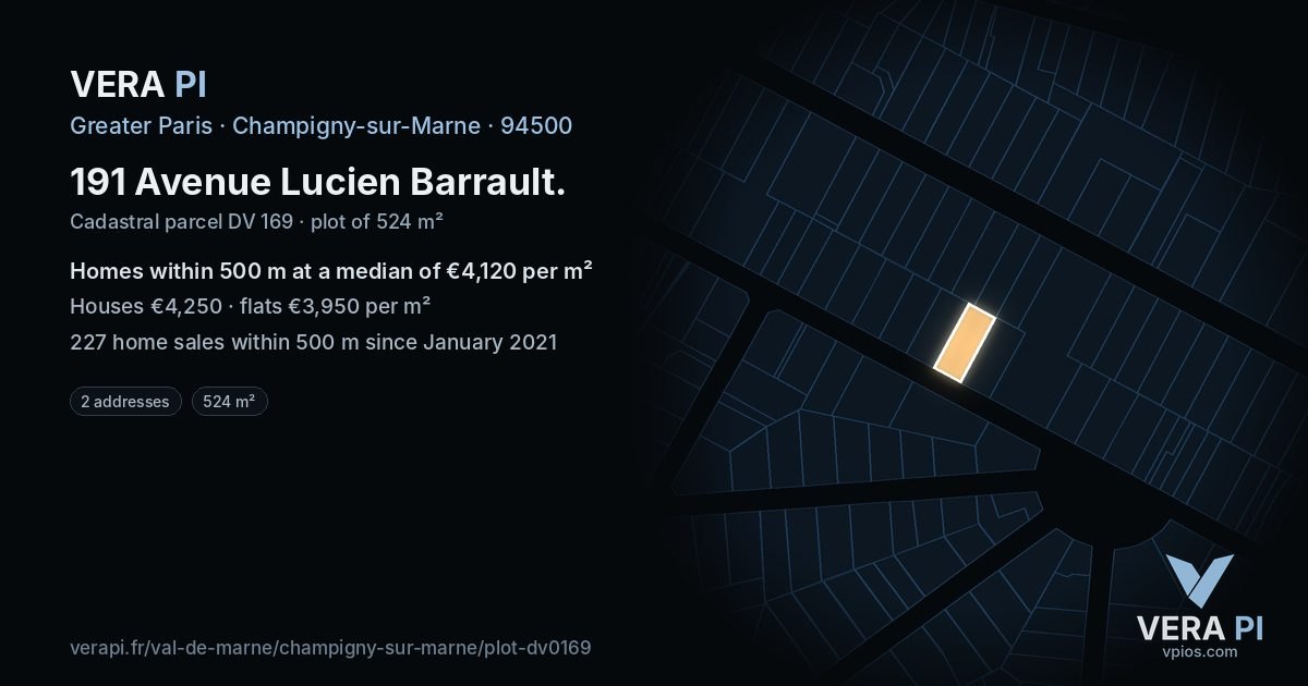 191 Avenue Lucien Barrault, Champigny-sur-Marne at night – the plot lit, the parcels around coloured by the prices near them