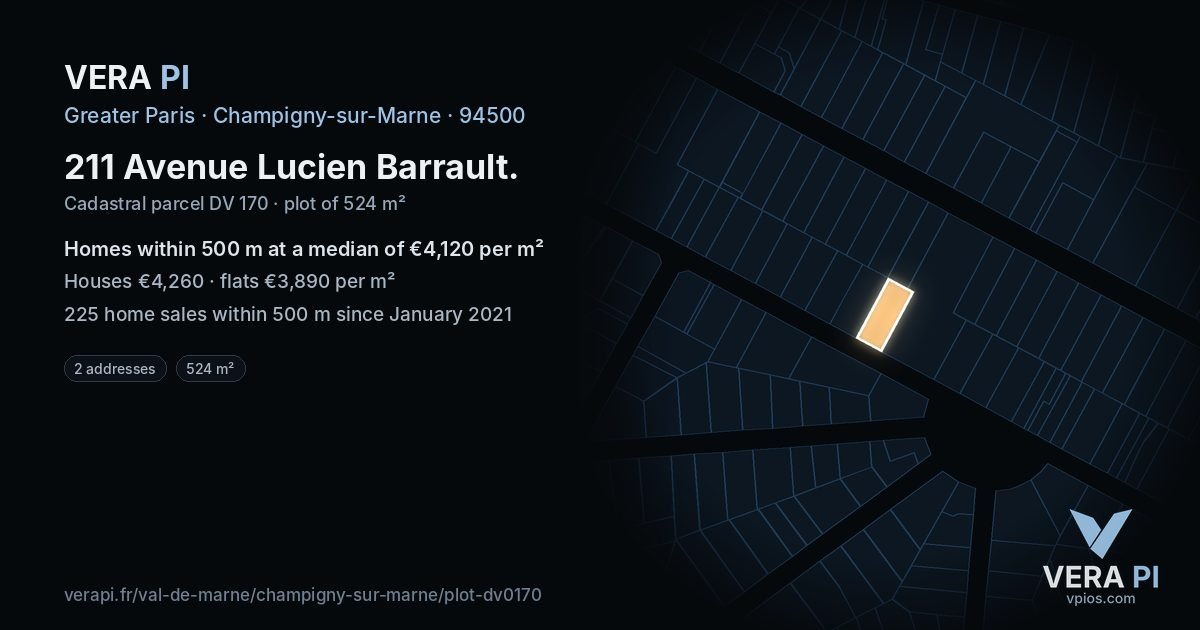 211 Avenue Lucien Barrault, Champigny-sur-Marne at night – the plot lit, the parcels around coloured by the prices near them