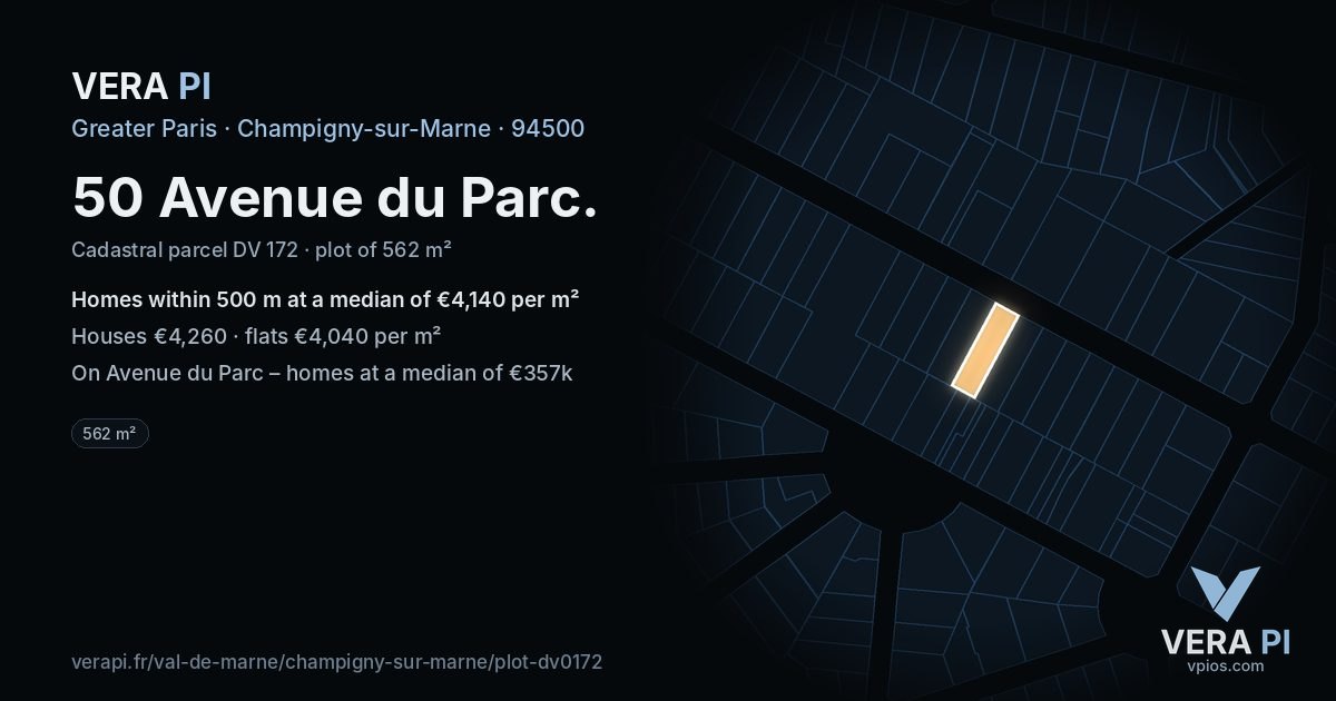 50 Avenue du Parc, Champigny-sur-Marne at night – the plot lit, the parcels around coloured by the prices near them
