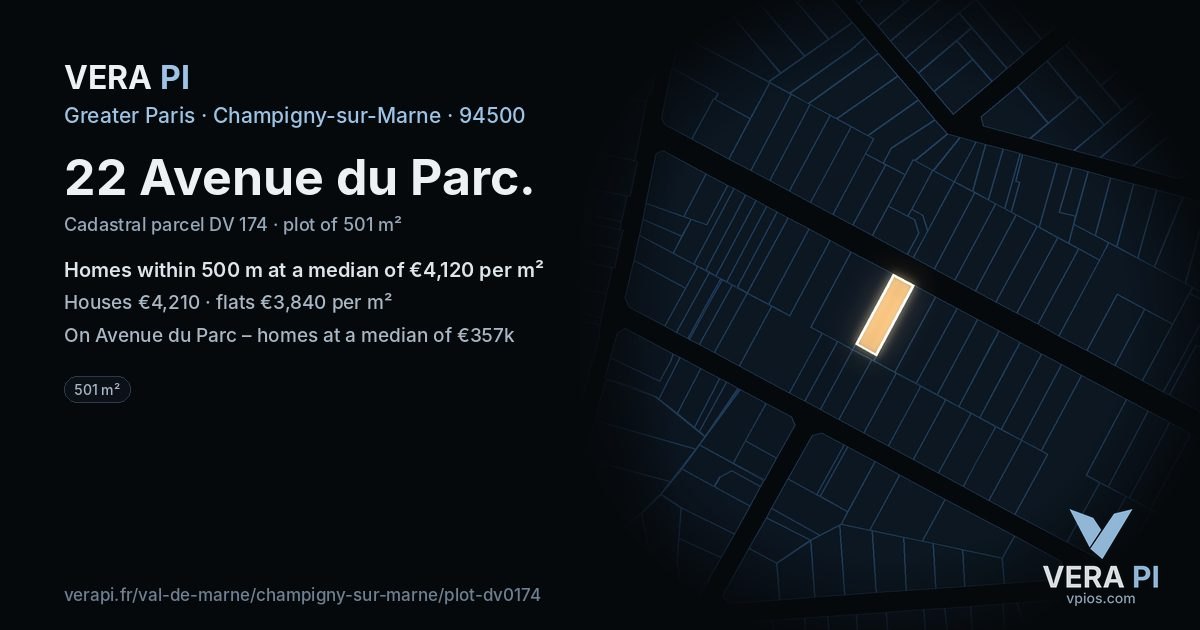 22 Avenue du Parc, Champigny-sur-Marne at night – the plot lit, the parcels around coloured by the prices near them