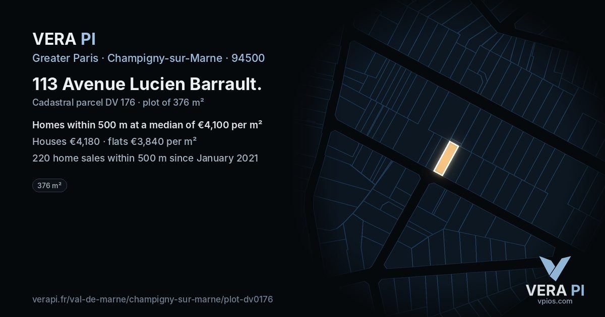 113 Avenue Lucien Barrault, Champigny-sur-Marne at night – the plot lit, the parcels around coloured by the prices near them