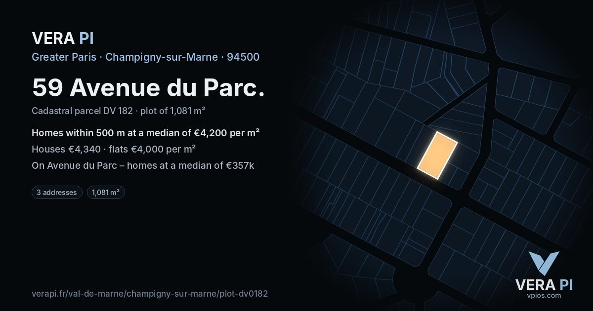 59 Avenue du Parc, Champigny-sur-Marne at night – the plot lit, the parcels around coloured by the prices near them