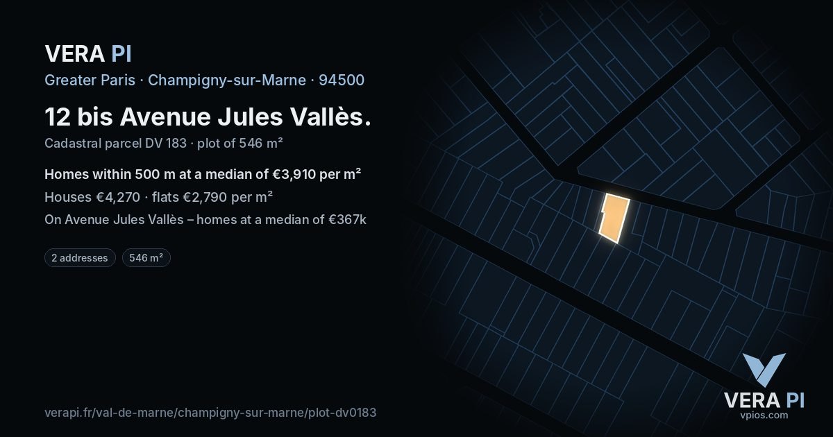 12 bis Avenue Jules Vallès, Champigny-sur-Marne at night – the plot lit, the parcels around coloured by the prices near them