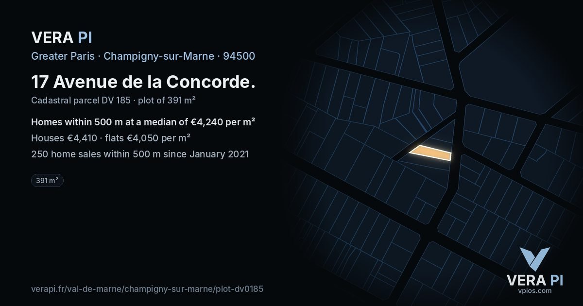 17 Avenue de la Concorde, Champigny-sur-Marne at night – the plot lit, the parcels around coloured by the prices near them