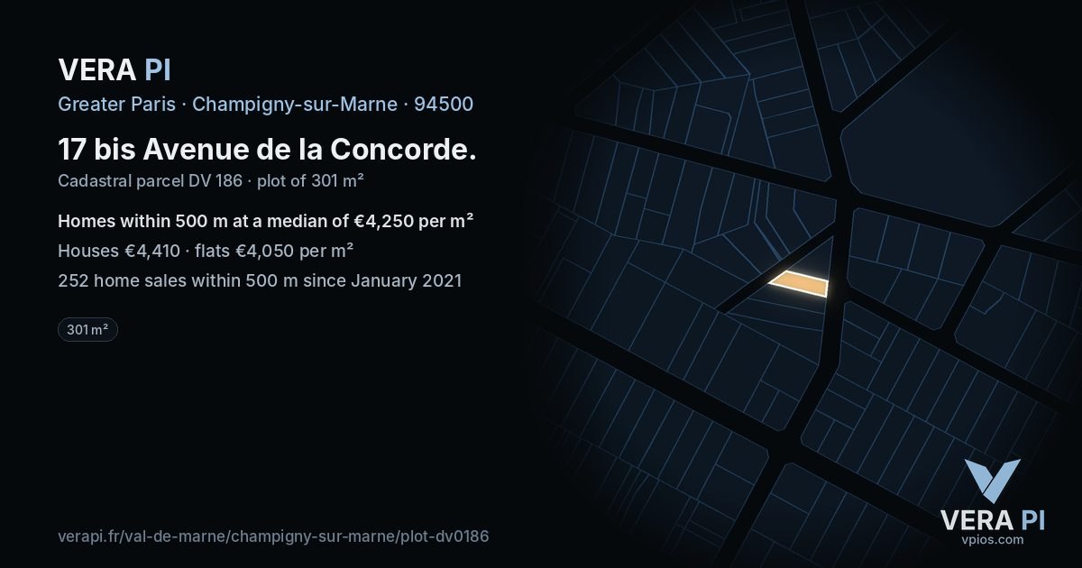 17 bis Avenue de la Concorde, Champigny-sur-Marne at night – the plot lit, the parcels around coloured by the prices near them