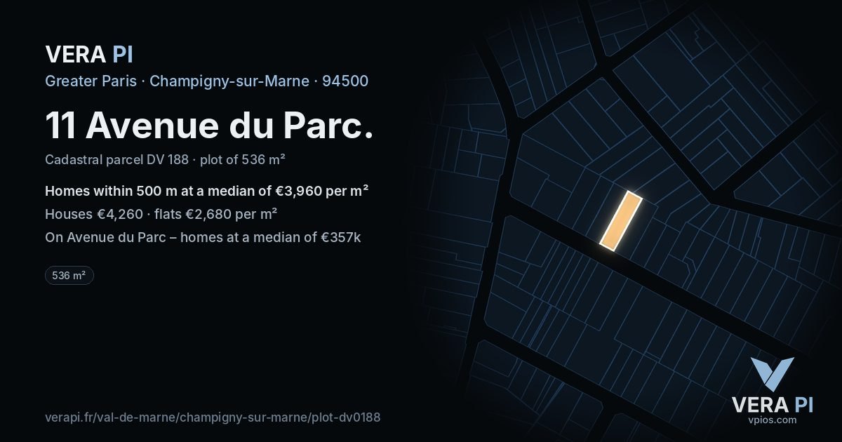 11 Avenue du Parc, Champigny-sur-Marne at night – the plot lit, the parcels around coloured by the prices near them