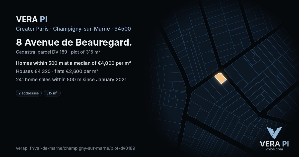 8 Avenue de Beauregard, Champigny-sur-Marne at night – the plot lit, the parcels around coloured by the prices near them