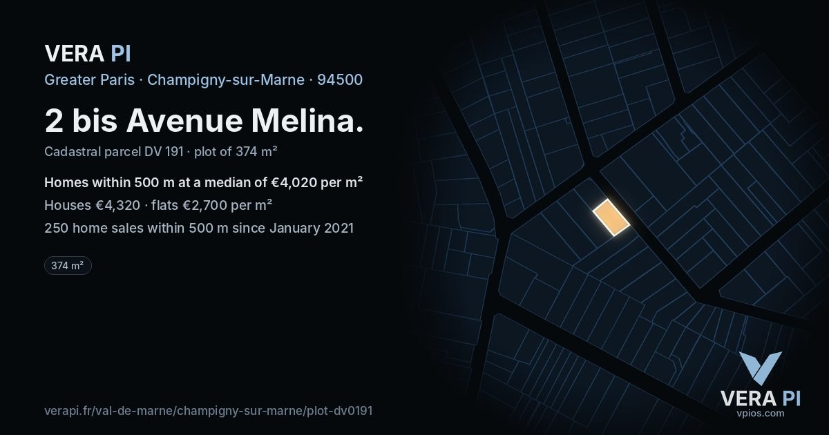 2 bis Avenue Melina, Champigny-sur-Marne at night – the plot lit, the parcels around coloured by the prices near them