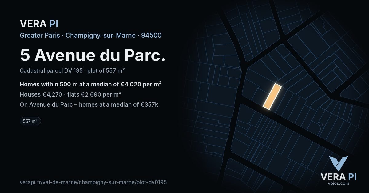 5 Avenue du Parc, Champigny-sur-Marne at night – the plot lit, the parcels around coloured by the prices near them