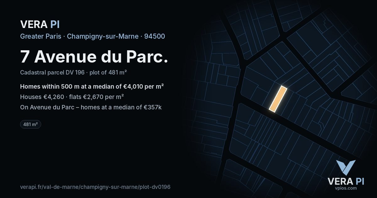 7 Avenue du Parc, Champigny-sur-Marne at night – the plot lit, the parcels around coloured by the prices near them