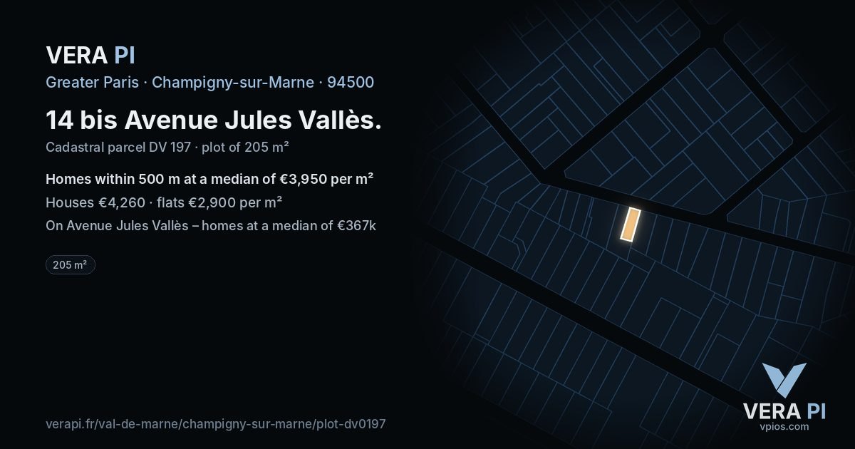 14 bis Avenue Jules Vallès, Champigny-sur-Marne at night – the plot lit, the parcels around coloured by the prices near them