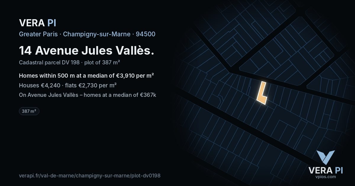 14 Avenue Jules Vallès, Champigny-sur-Marne at night – the plot lit, the parcels around coloured by the prices near them