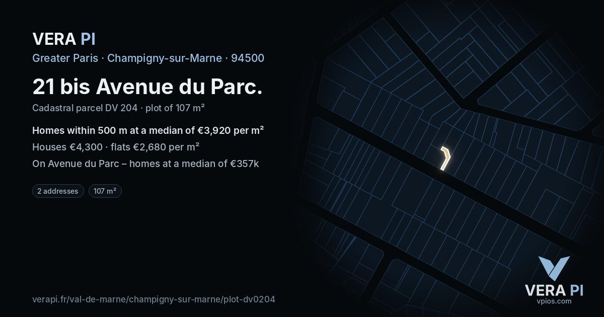 21 bis Avenue du Parc, Champigny-sur-Marne at night – the plot lit, the parcels around coloured by the prices near them