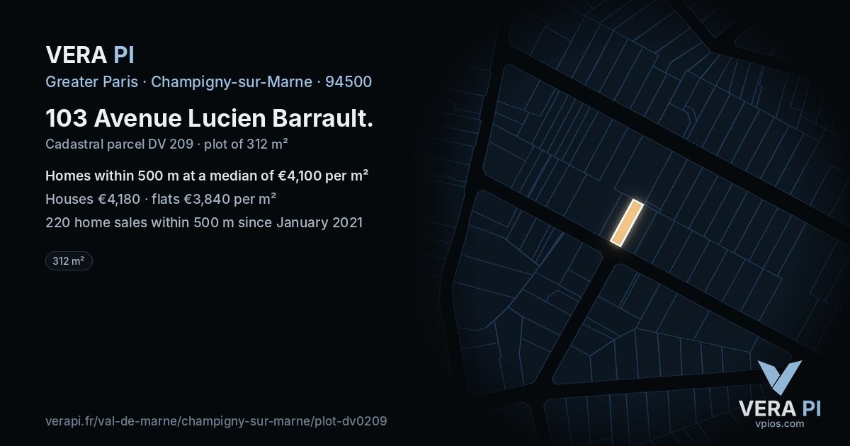 103 Avenue Lucien Barrault, Champigny-sur-Marne at night – the plot lit, the parcels around coloured by the prices near them