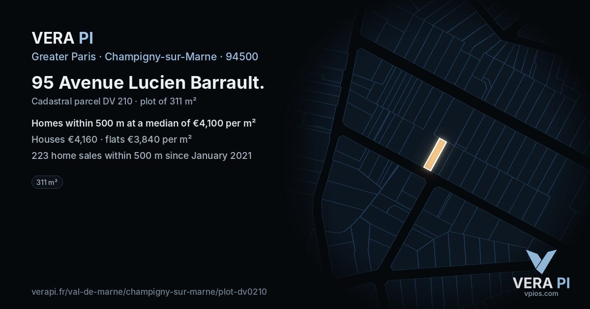 95 Avenue Lucien Barrault, Champigny-sur-Marne at night – the plot lit, the parcels around coloured by the prices near them