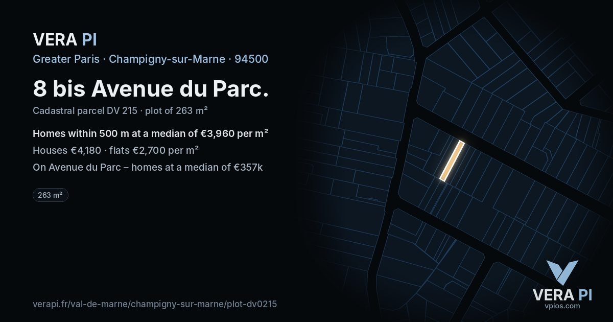 8 bis Avenue du Parc, Champigny-sur-Marne at night – the plot lit, the parcels around coloured by the prices near them