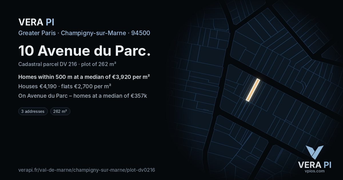 10 Avenue du Parc, Champigny-sur-Marne at night – the plot lit, the parcels around coloured by the prices near them