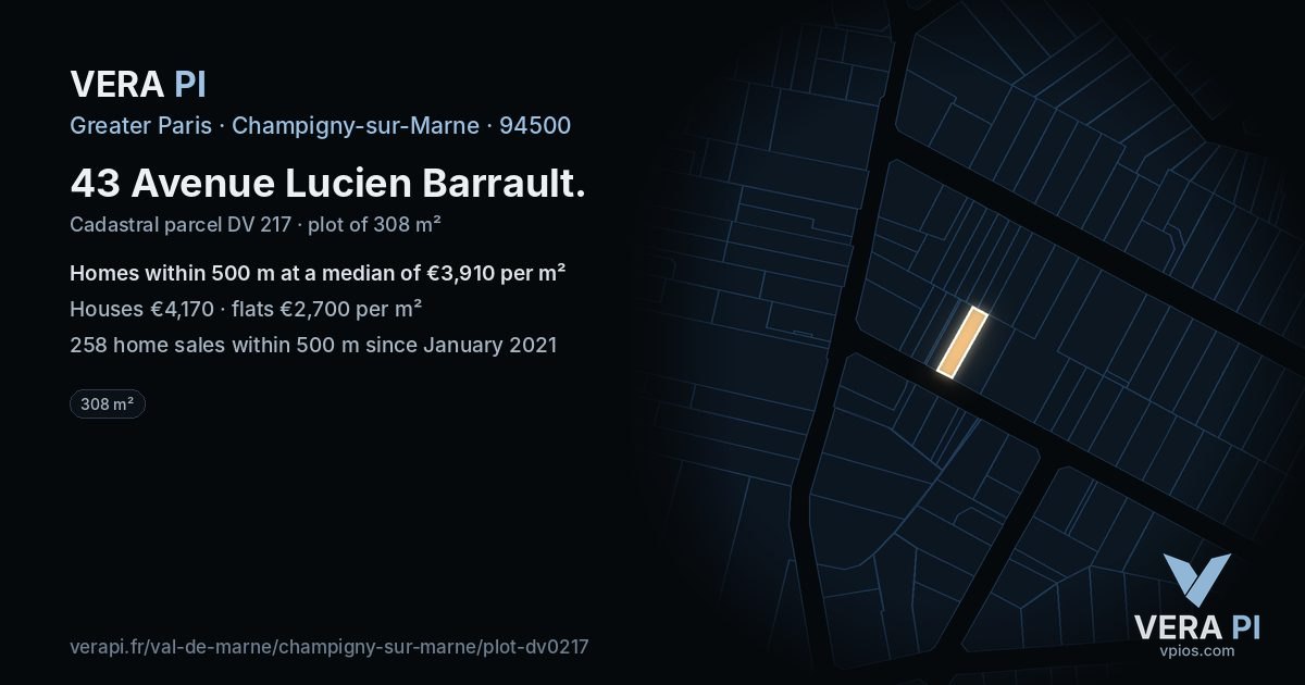 43 Avenue Lucien Barrault, Champigny-sur-Marne at night – the plot lit, the parcels around coloured by the prices near them