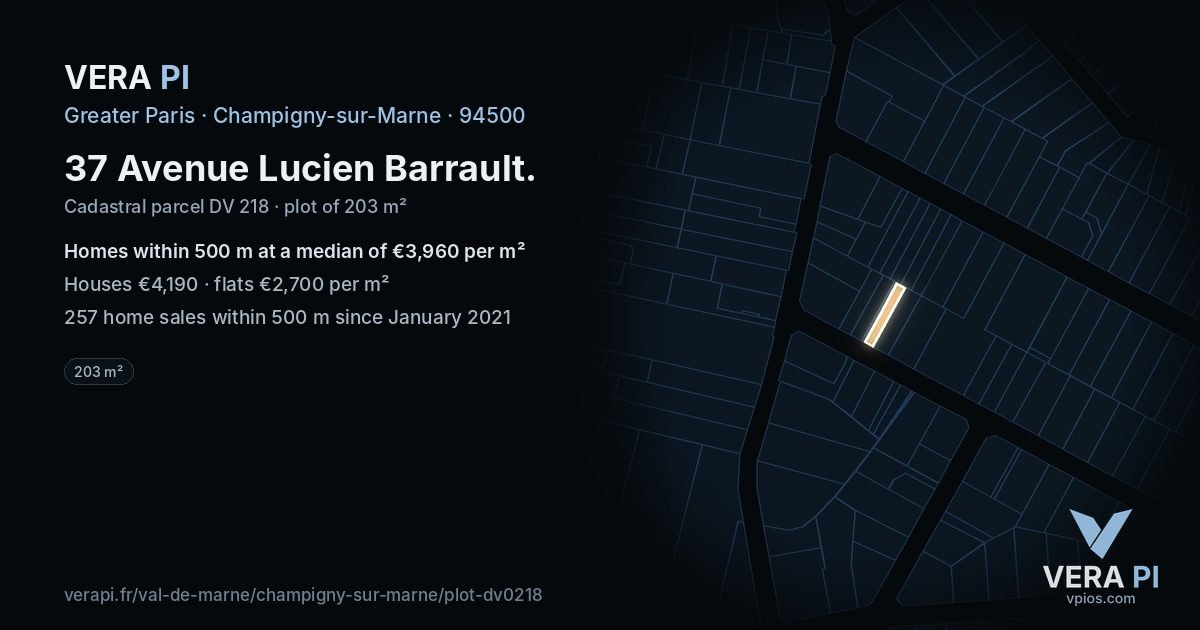 37 Avenue Lucien Barrault, Champigny-sur-Marne at night – the plot lit, the parcels around coloured by the prices near them