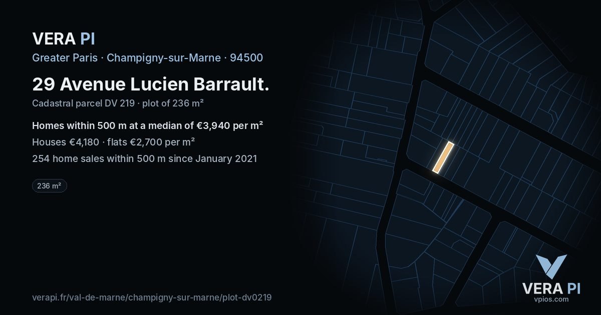 29 Avenue Lucien Barrault, Champigny-sur-Marne at night – the plot lit, the parcels around coloured by the prices near them