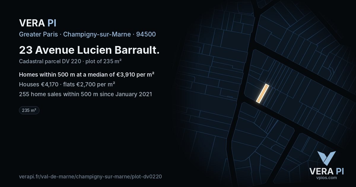 23 Avenue Lucien Barrault, Champigny-sur-Marne at night – the plot lit, the parcels around coloured by the prices near them