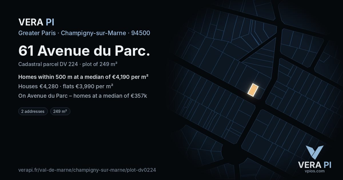 61 Avenue du Parc, Champigny-sur-Marne at night – the plot lit, the parcels around coloured by the prices near them