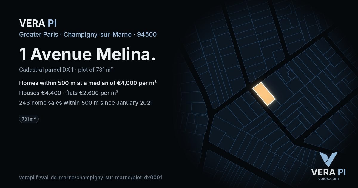 1 Avenue Melina, Champigny-sur-Marne at night – the plot lit, the parcels around coloured by the prices near them