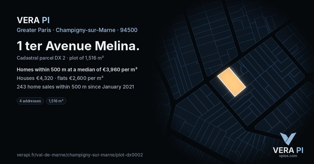1 ter Avenue Melina, Champigny-sur-Marne at night – the plot lit, the parcels around coloured by the prices near them