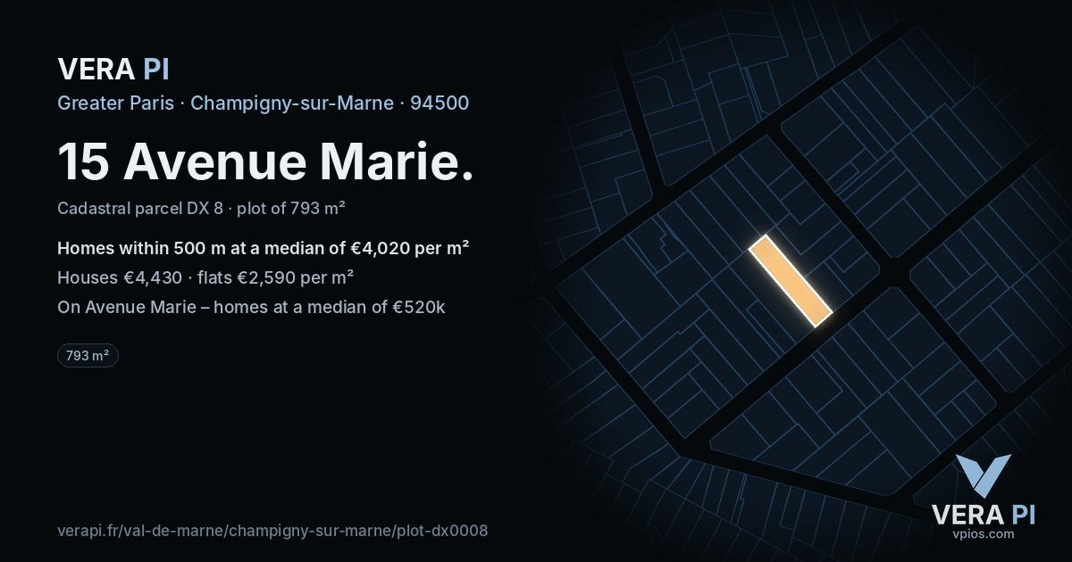 15 Avenue Marie, Champigny-sur-Marne at night – the plot lit, the parcels around coloured by the prices near them