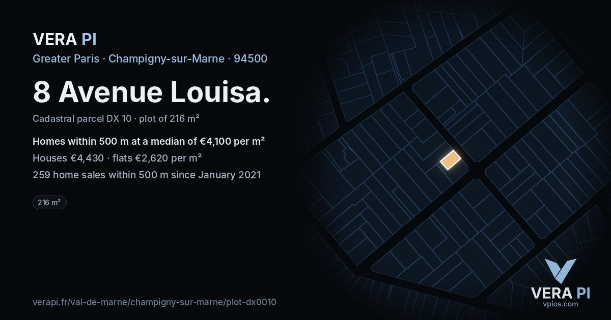 8 Avenue Louisa, Champigny-sur-Marne at night – the plot lit, the parcels around coloured by the prices near them