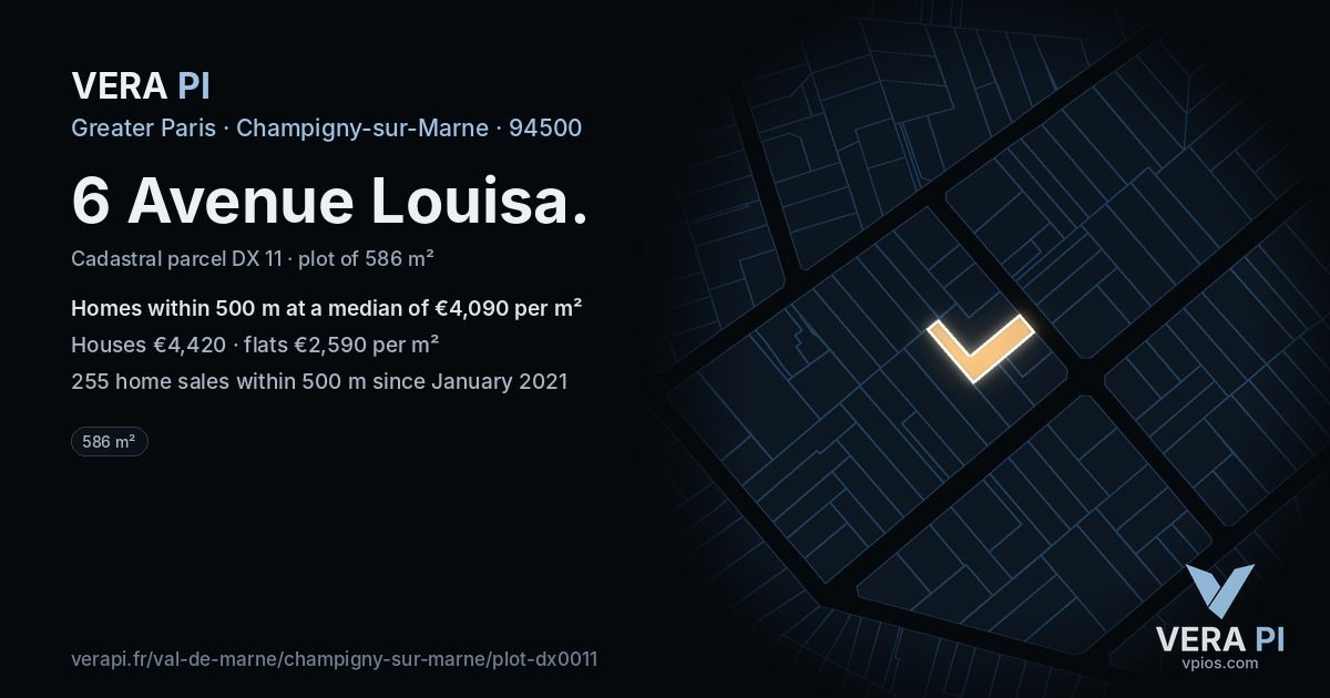6 Avenue Louisa, Champigny-sur-Marne at night – the plot lit, the parcels around coloured by the prices near them