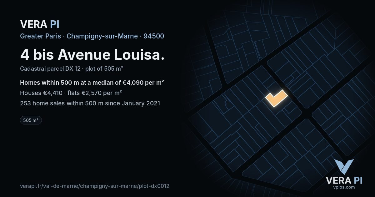 4 bis Avenue Louisa, Champigny-sur-Marne at night – the plot lit, the parcels around coloured by the prices near them