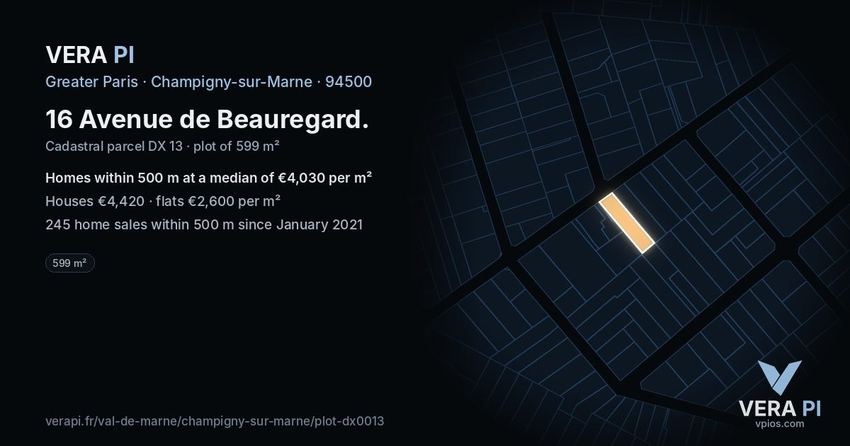 16 Avenue de Beauregard, Champigny-sur-Marne at night – the plot lit, the parcels around coloured by the prices near them