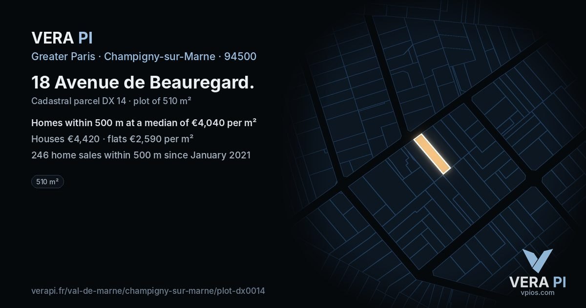 18 Avenue de Beauregard, Champigny-sur-Marne at night – the plot lit, the parcels around coloured by the prices near them
