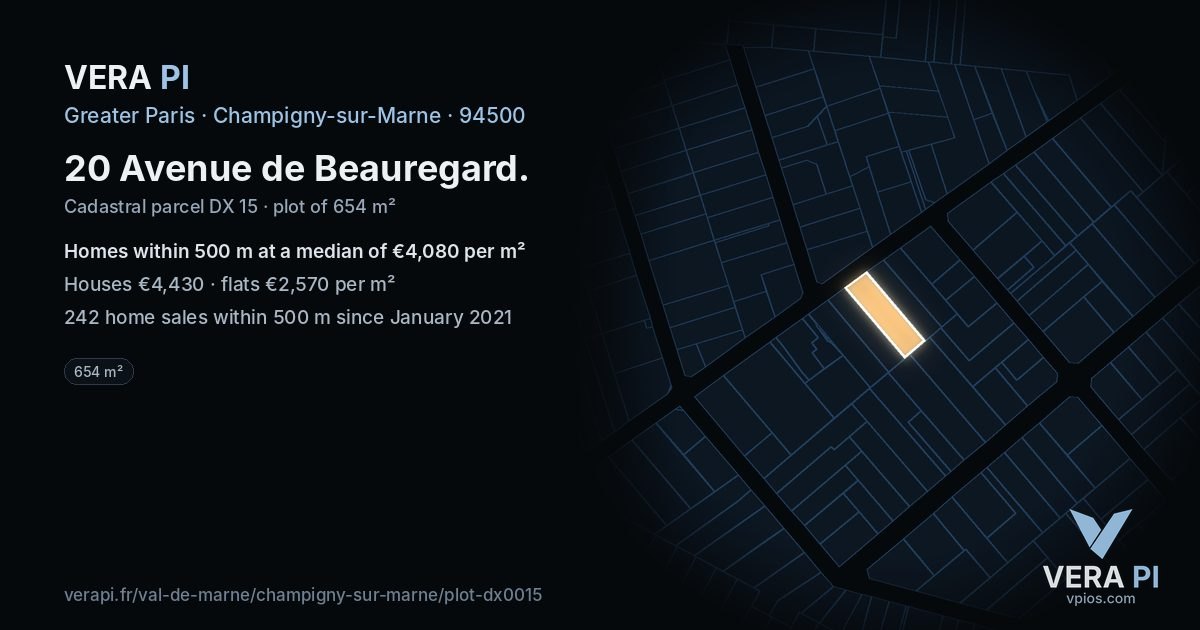 20 Avenue de Beauregard, Champigny-sur-Marne at night – the plot lit, the parcels around coloured by the prices near them